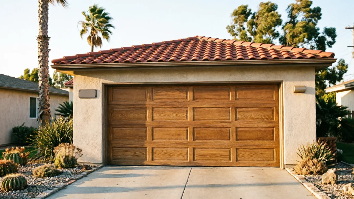 A brown wooden garage door on a stucco house with a red tile roof.
