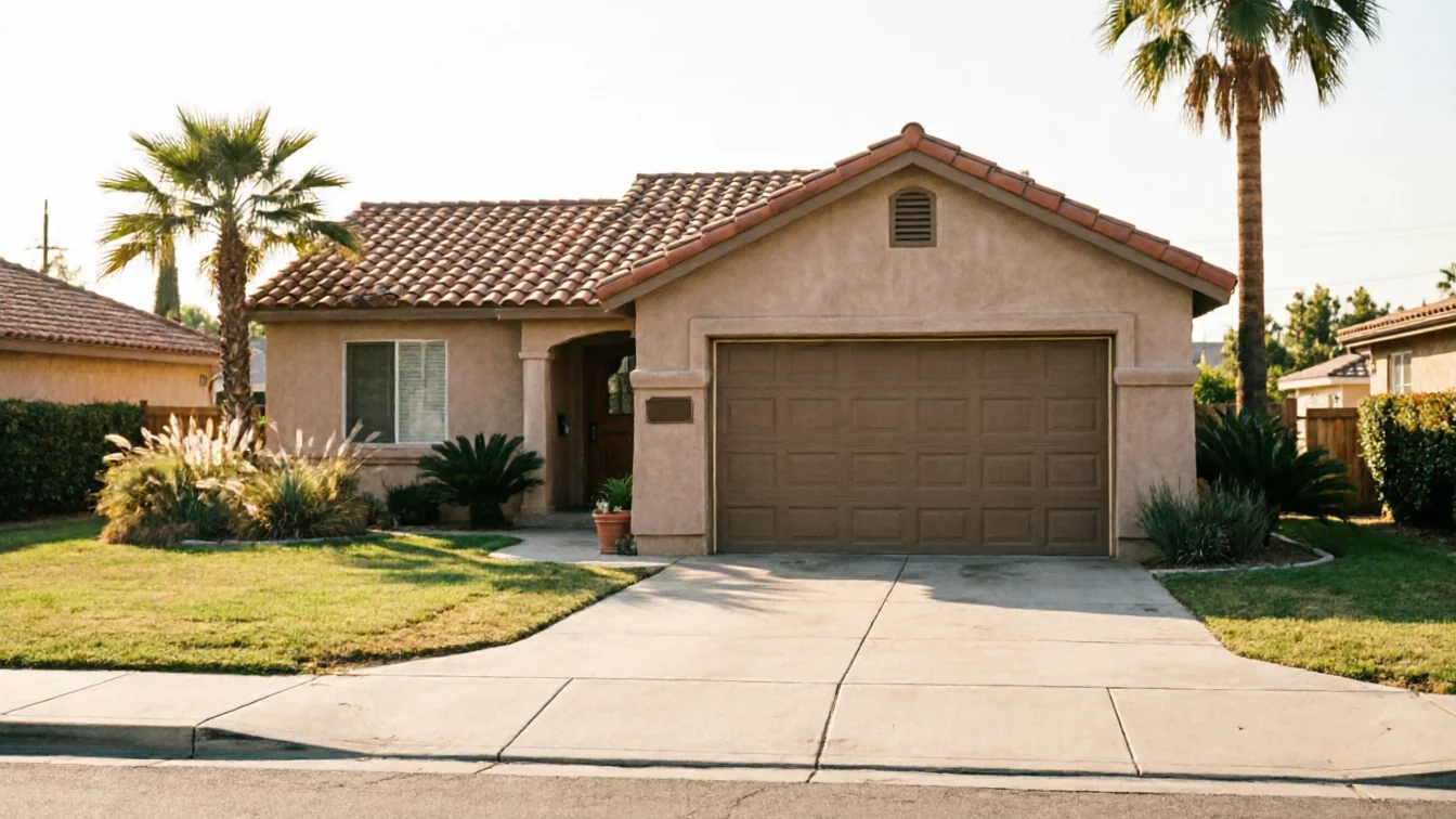 A brown garage door on a stucco house with a tiled roof and palm trees.