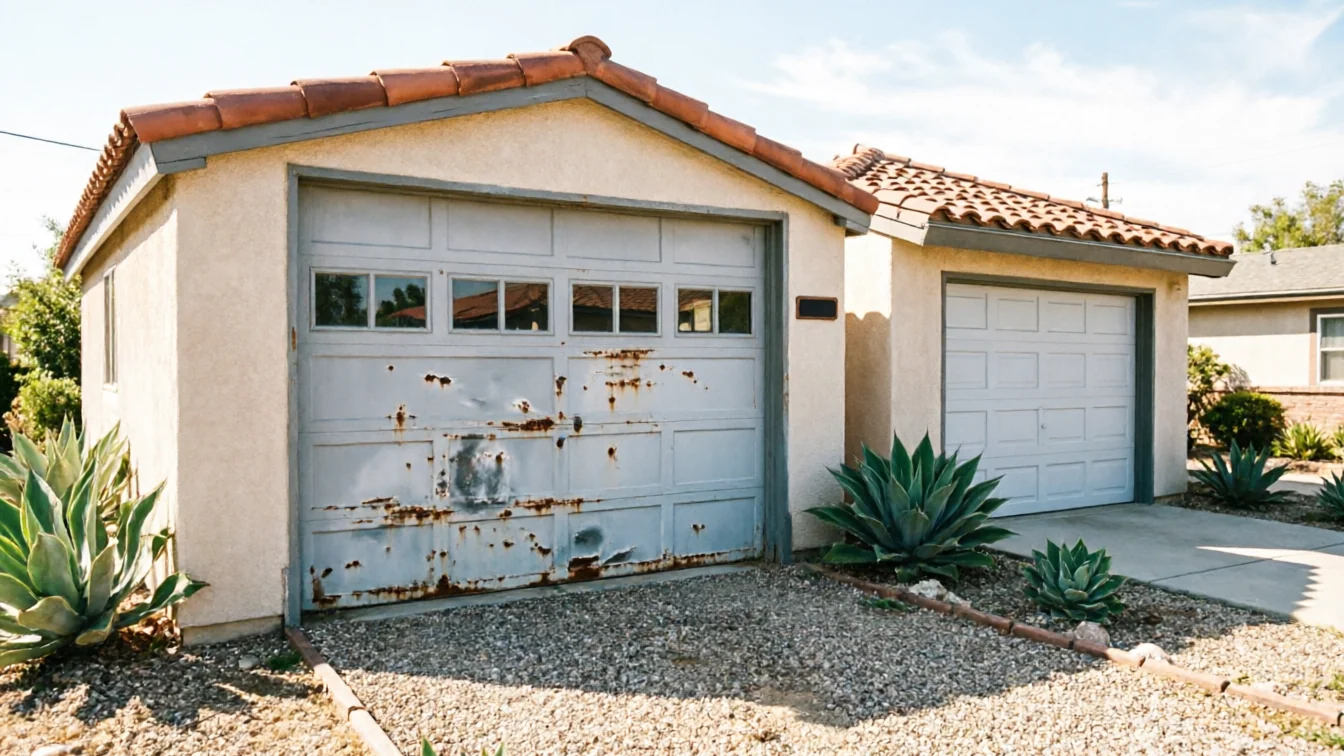 A house has two garages, one with a rusty, dented door and one with a white door.
