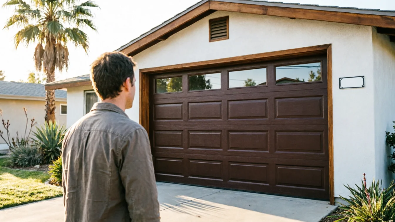 A man stands facing a brown garage door with windows on a white house.