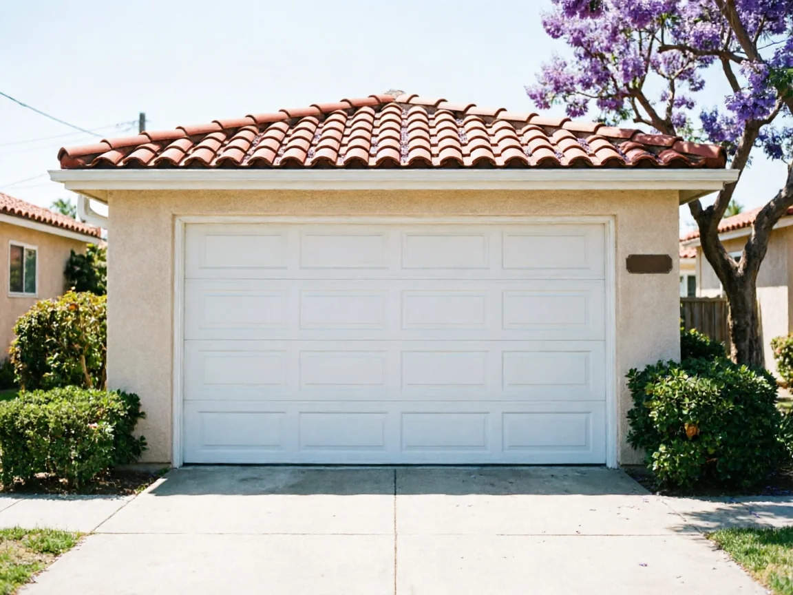 A white garage door is on a stucco garage with a red tile roof.