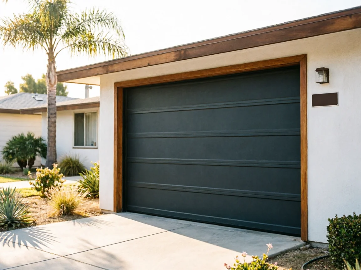 A dark gray garage door with a wooden frame on a white house.
