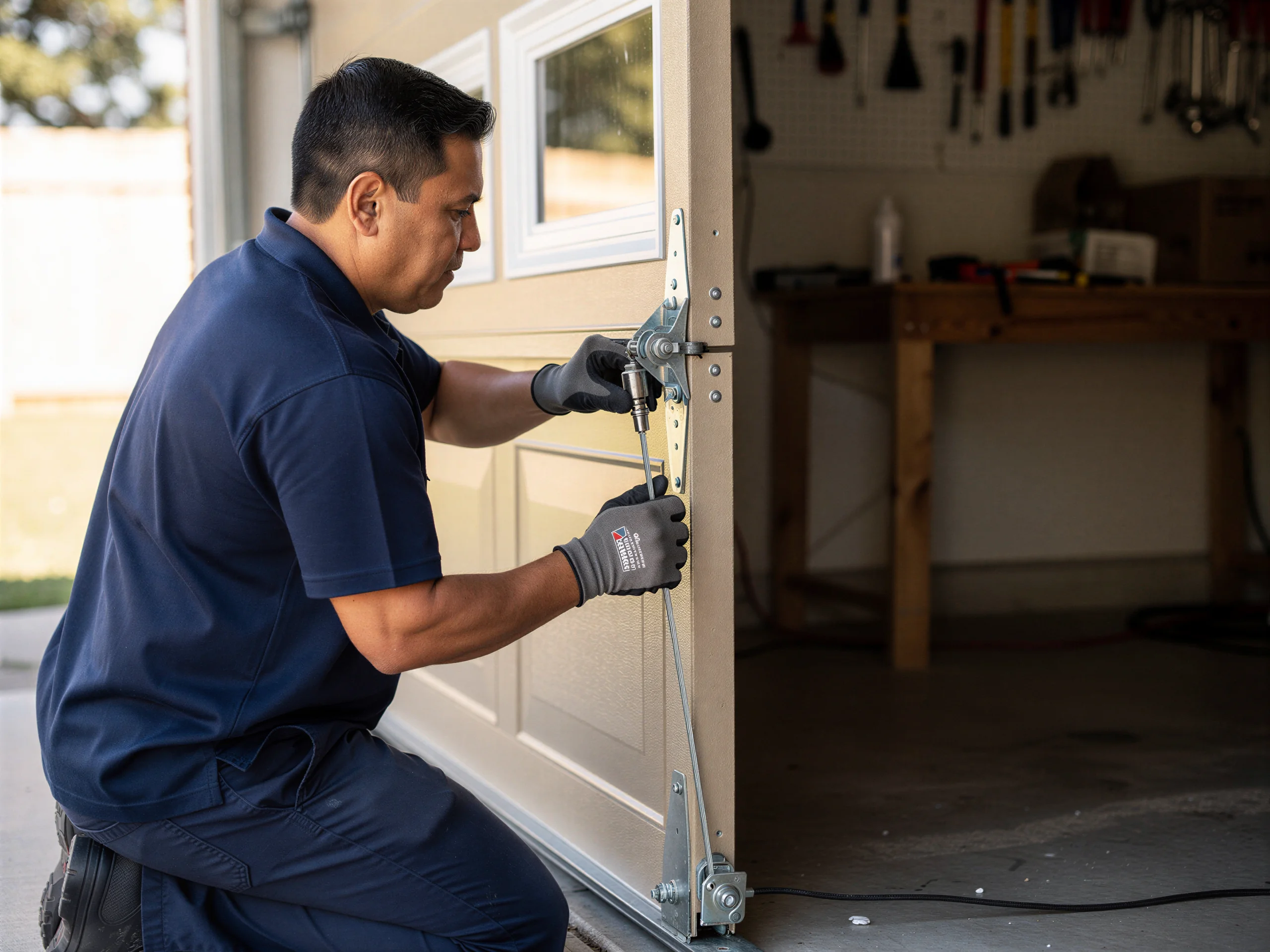 A technician in gloves is adjusting a garage door hinge and cable.