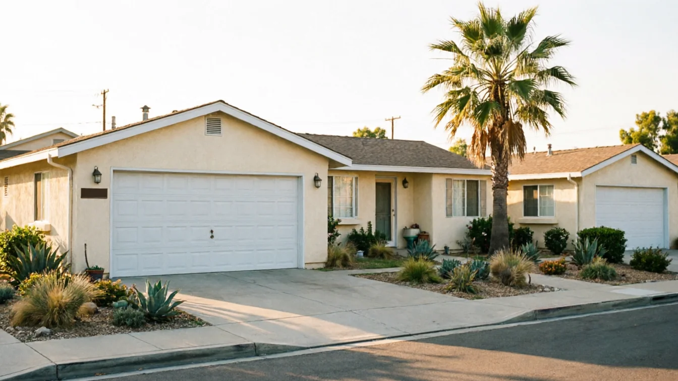 A beige house with a white garage door, a palm tree, and desert landscaping.